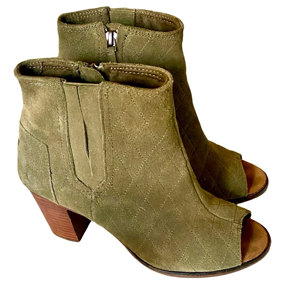Ladies size 9 TOMS olive green leather open toe booties.